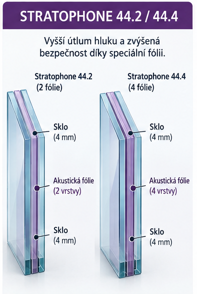 Technick&aacute; ilustrace akustick&eacute;ho vrstven&eacute;ho skla Stratophone 44.2 a 44.4